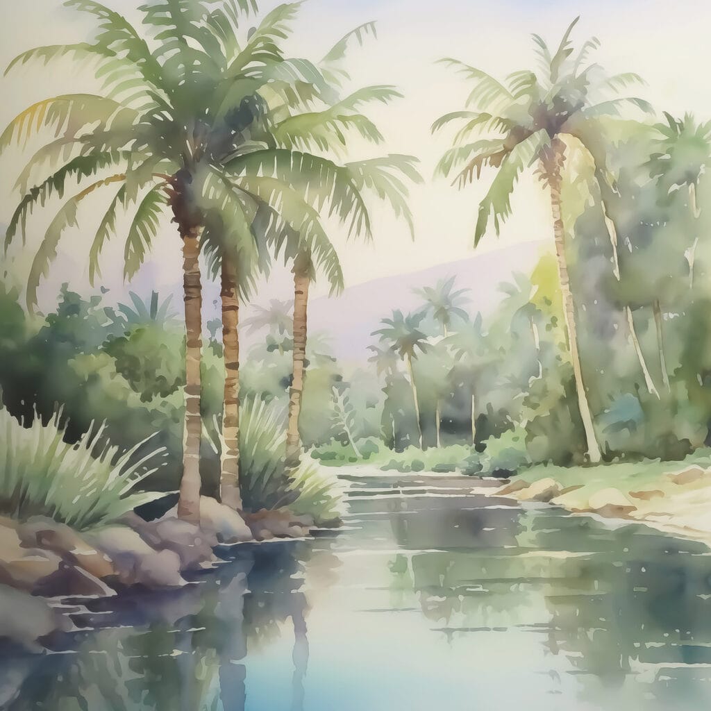 Water with palm trees and rocks