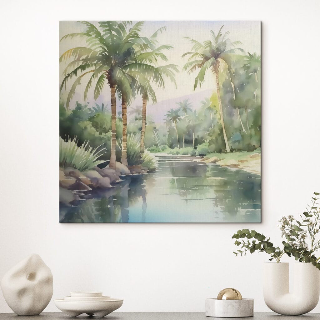 Water with palm trees and rocks