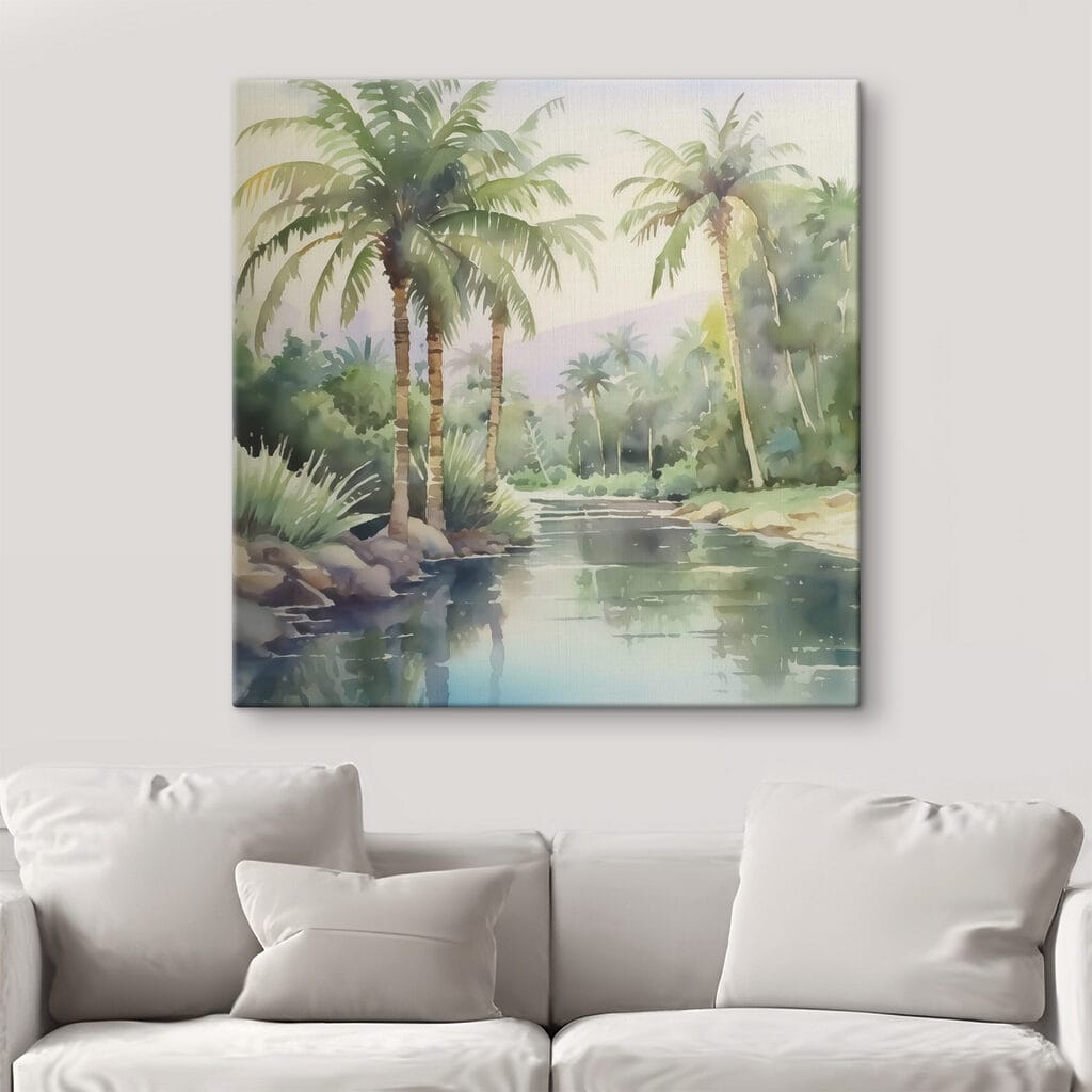 Water with palm trees and rocks