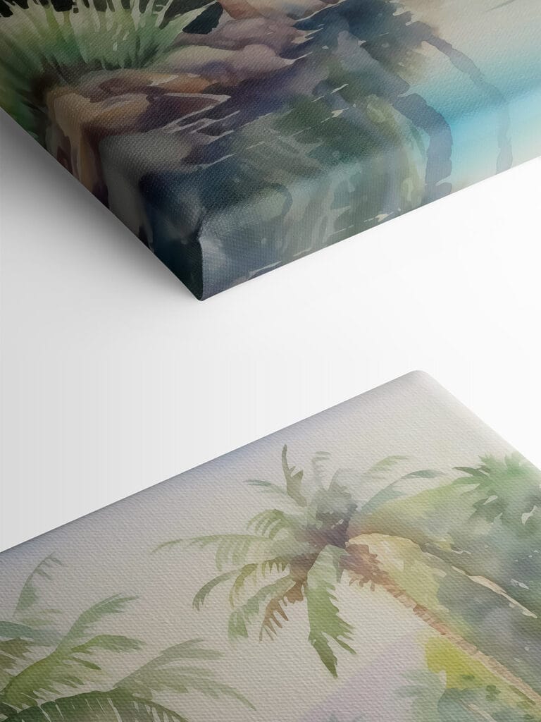 Water with palm trees and rocks