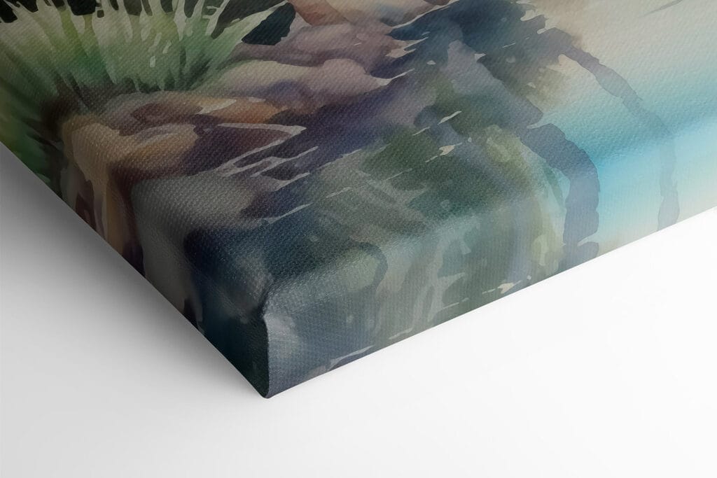 Water with palm trees and rocks