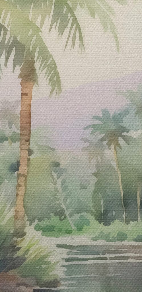 Water with palm trees and rocks