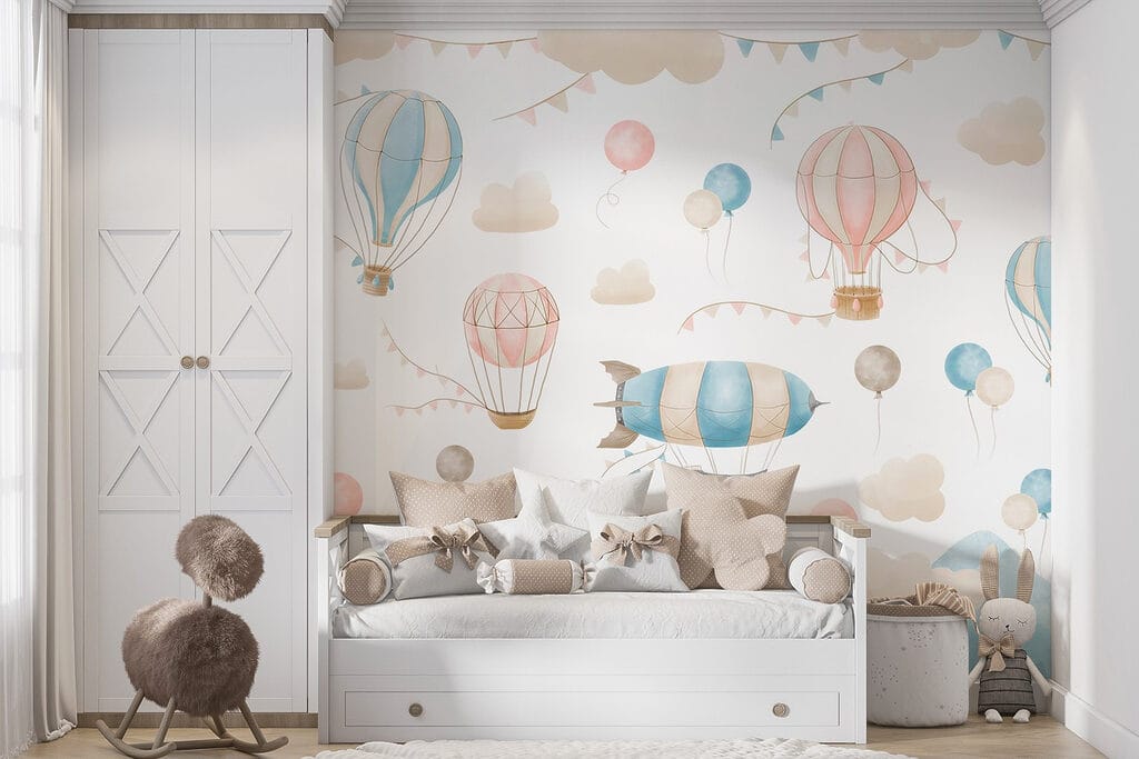 Group of hot air balloons and flags