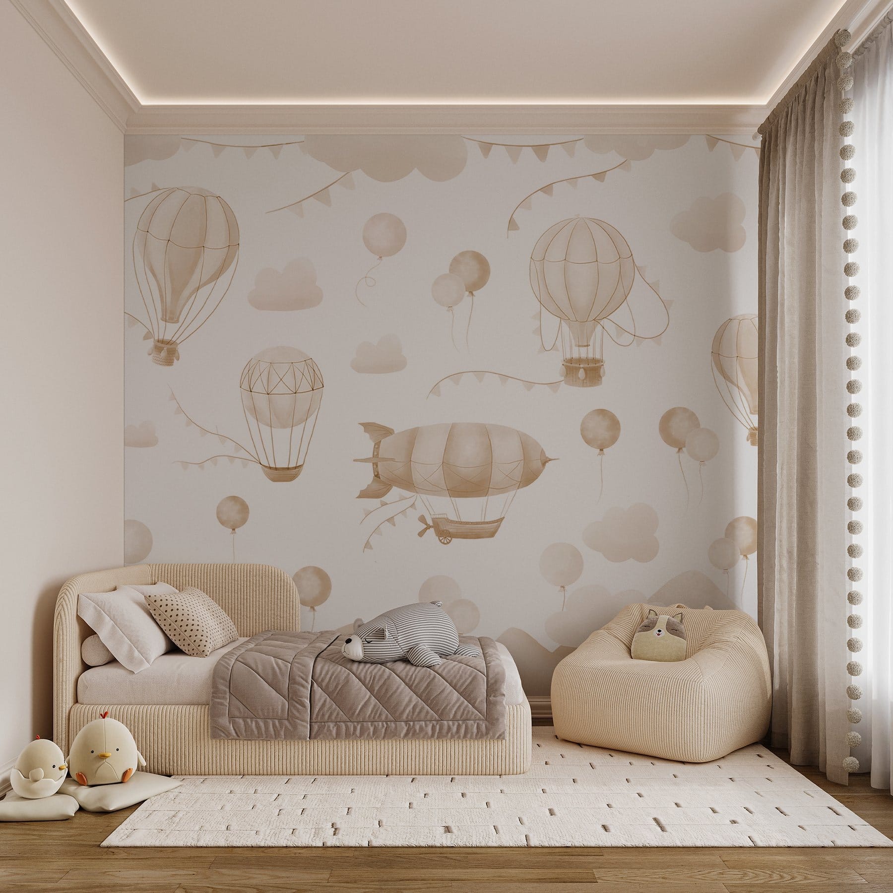 Group of hot air balloons and mountains