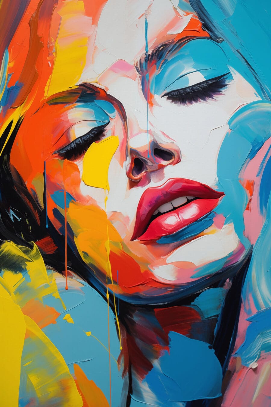 Painting of a woman with colorful paint on her face Painting of a woman with colorful paint on her face