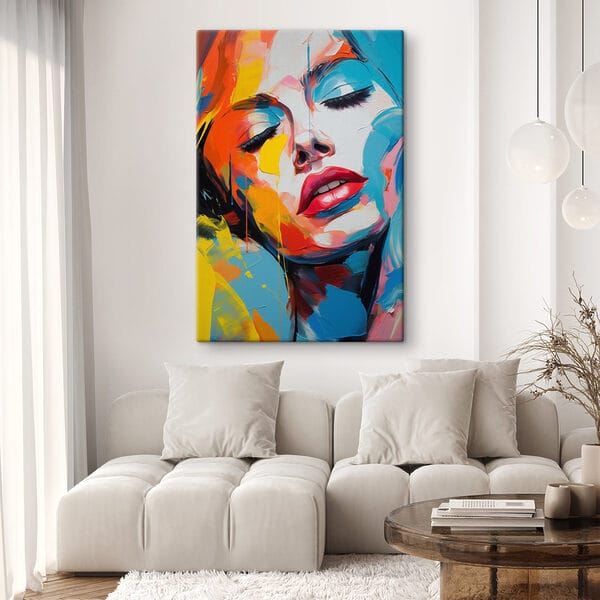 Painting of a woman with colorful paint on her face Painting of a woman with colorful paint on her face
