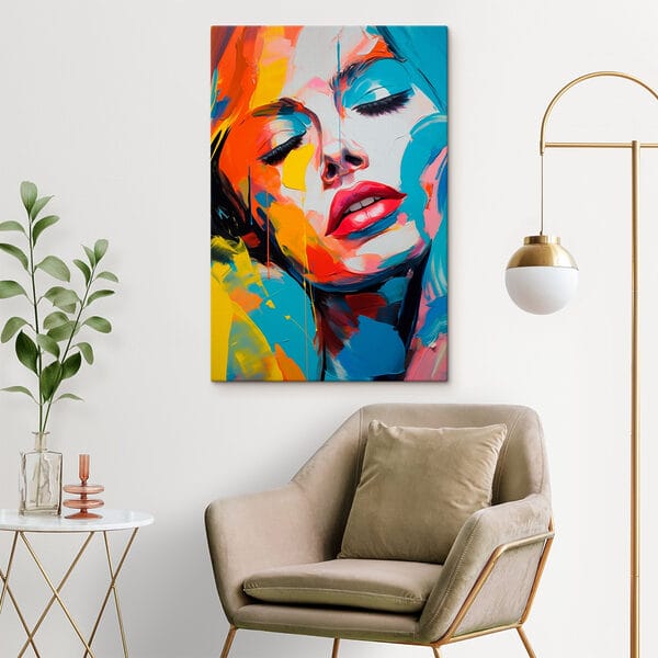 Painting of a woman with colorful paint on her face Painting of a woman with colorful paint on her face