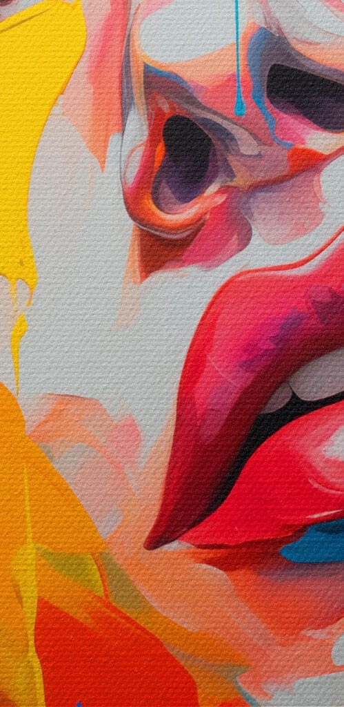 Painting of a woman with colorful paint on her face