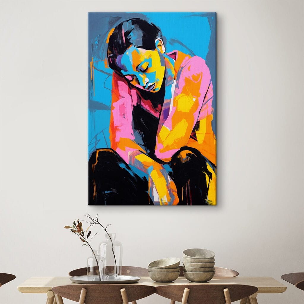 Painting of a woman with her head on her knees