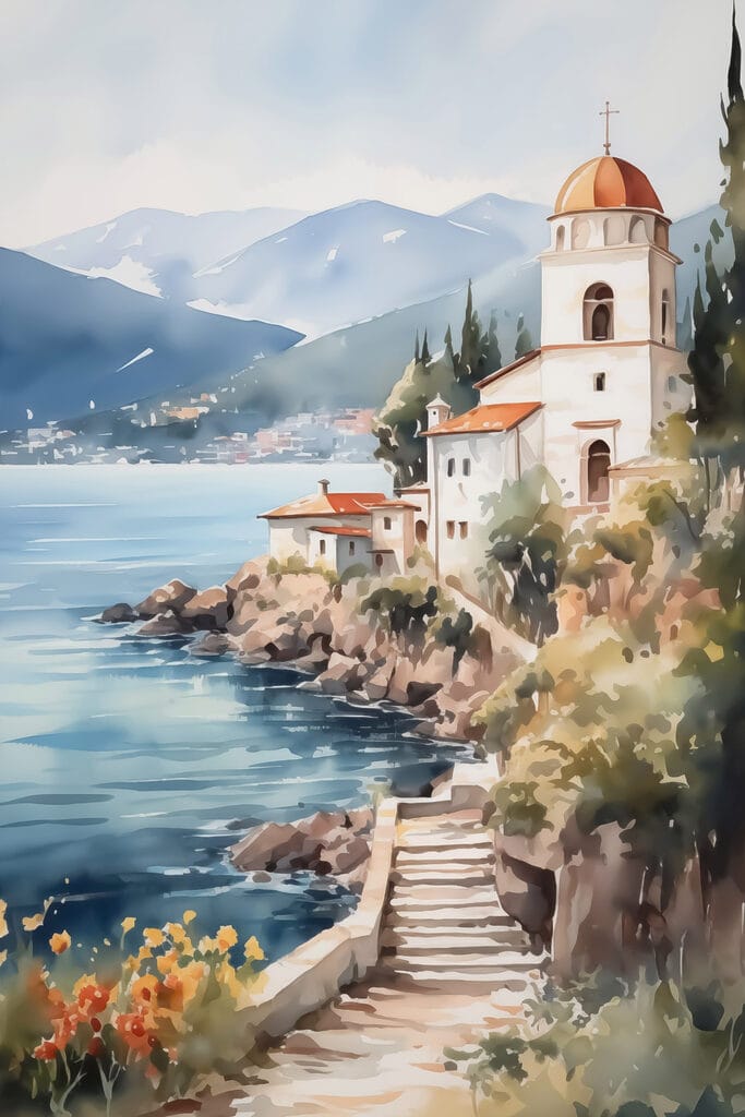 Watercolor painting of a building on a cliff by a body of water Watercolor painting of a building on a cliff by a body of water