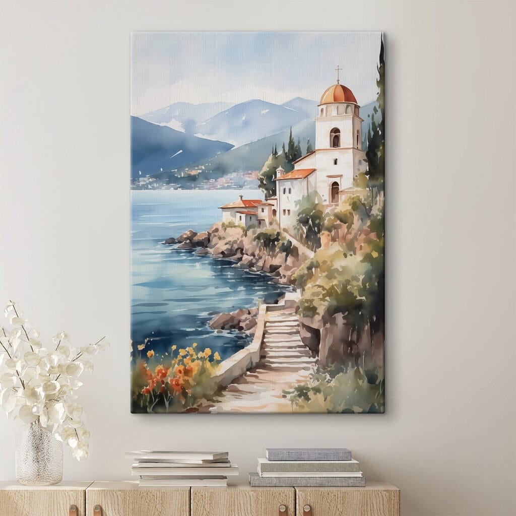 Watercolor painting of a building on a cliff by a body of water Watercolor painting of a building on a cliff by a body of water