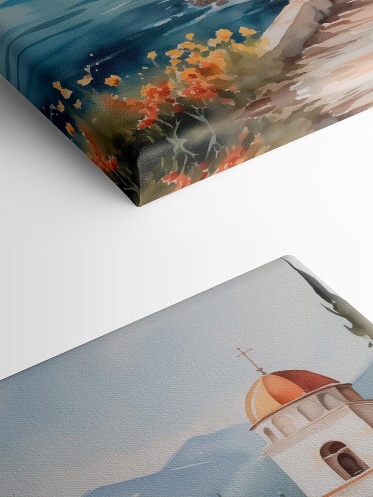 Watercolor painting of a building on a cliff by a body of water Watercolor painting of a building on a cliff by a body of water