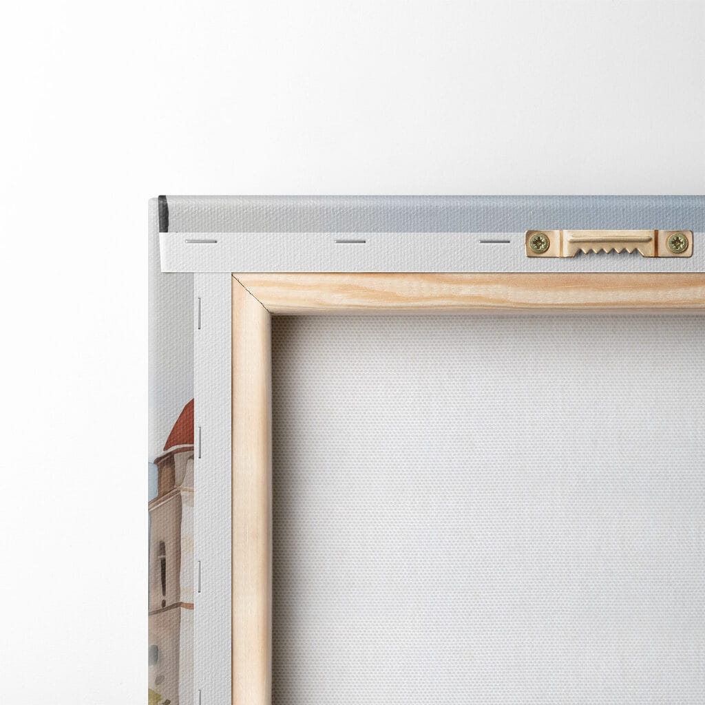 Watercolor painting of a building on a cliff by a body of water Watercolor painting of a building on a cliff by a body of water