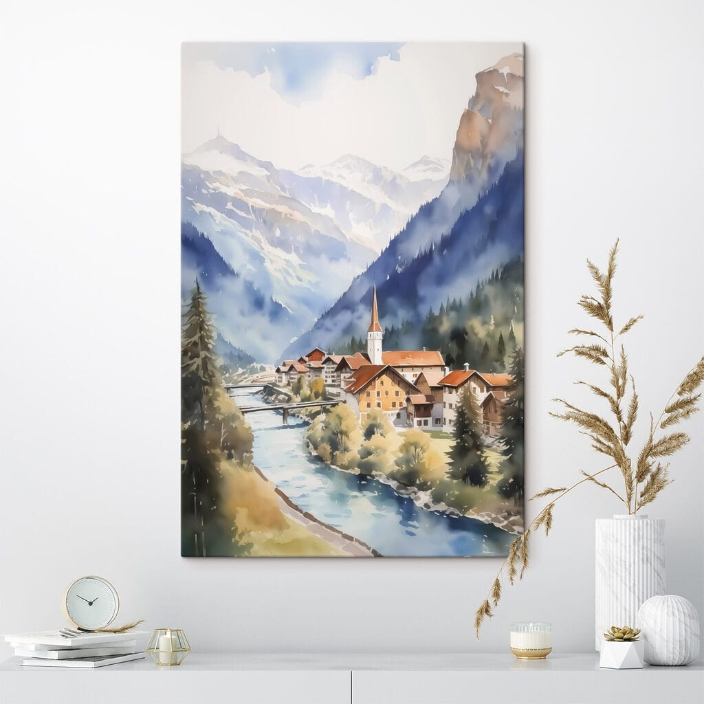Watercolor painting of a village in the mountains