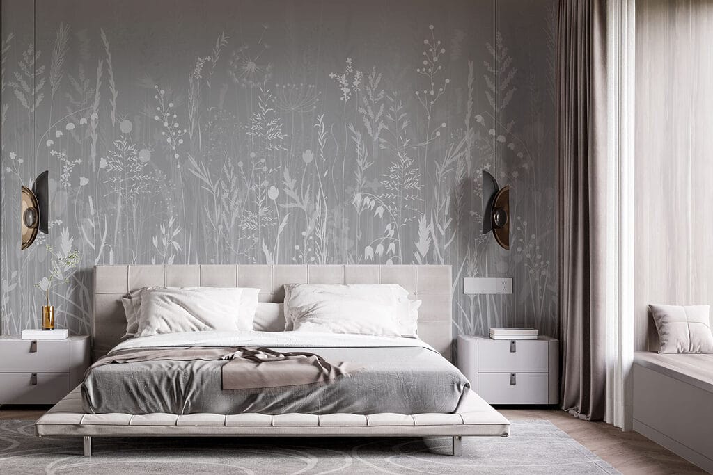 Grey background with grass and flowers