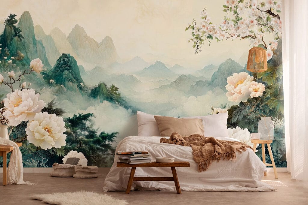 Painting of flowers and mountains