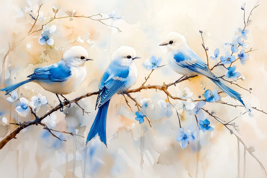 Group of blue birds on a branch