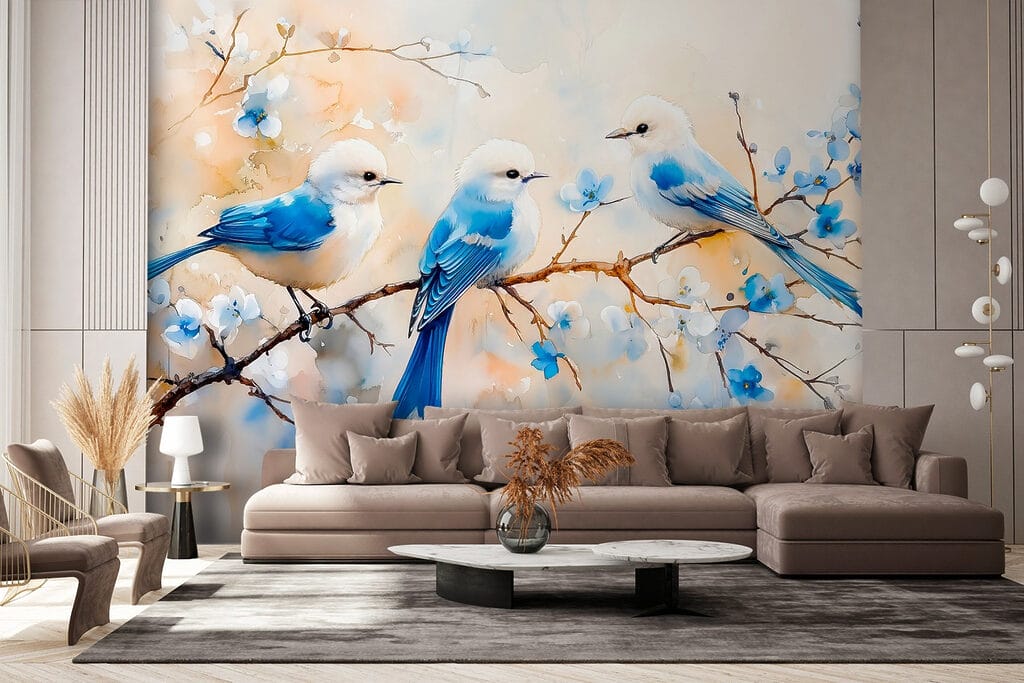 Group of blue birds on a branch