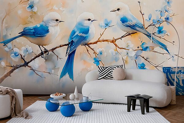 Group of blue birds on a branch