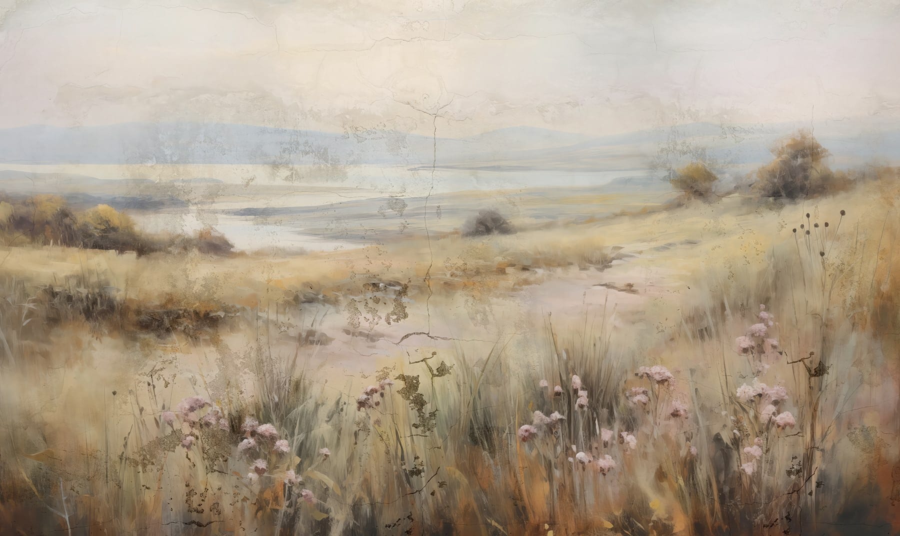 Painting of a field with flowers and a lake