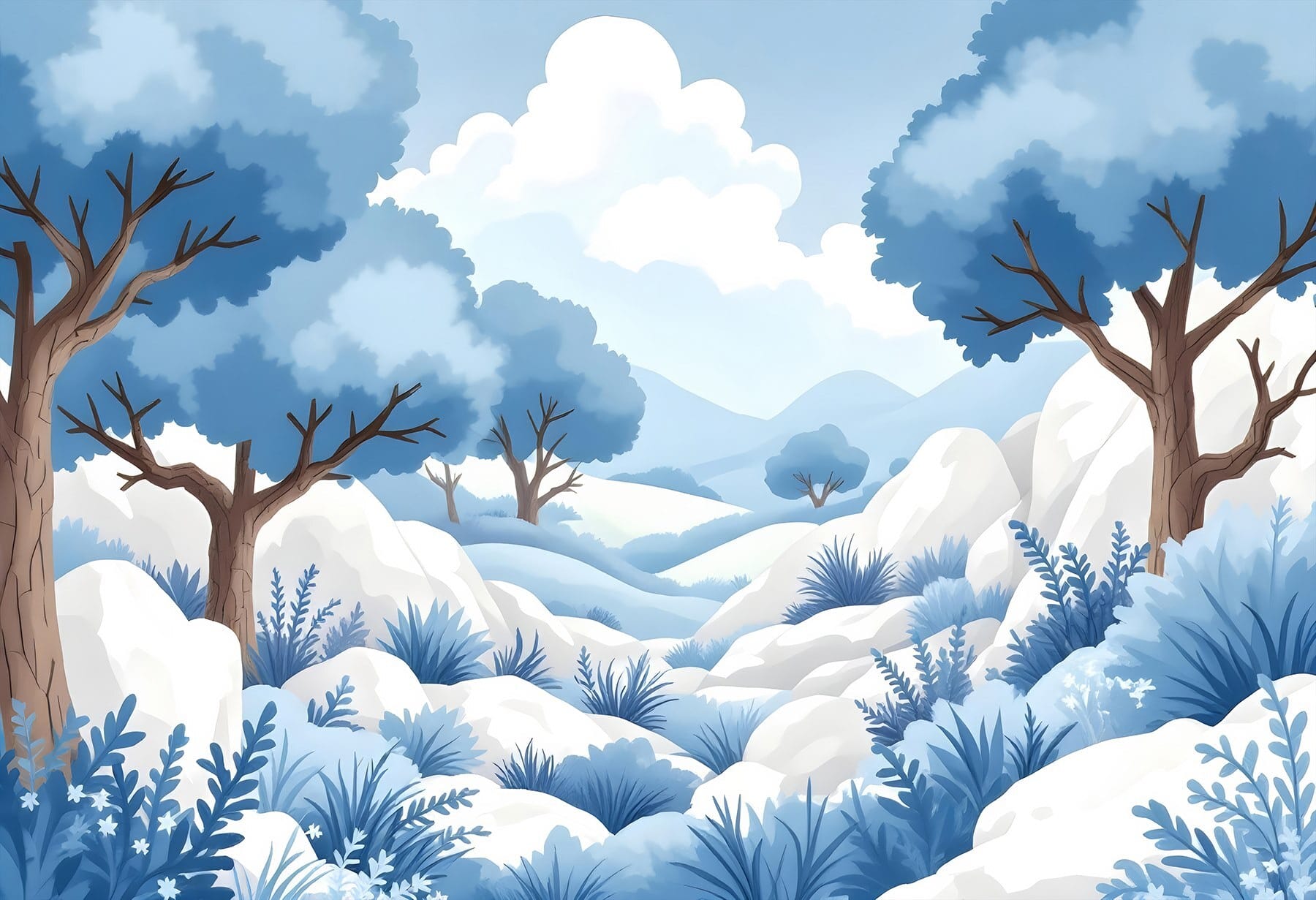 Snowy landscape with trees and bushes
