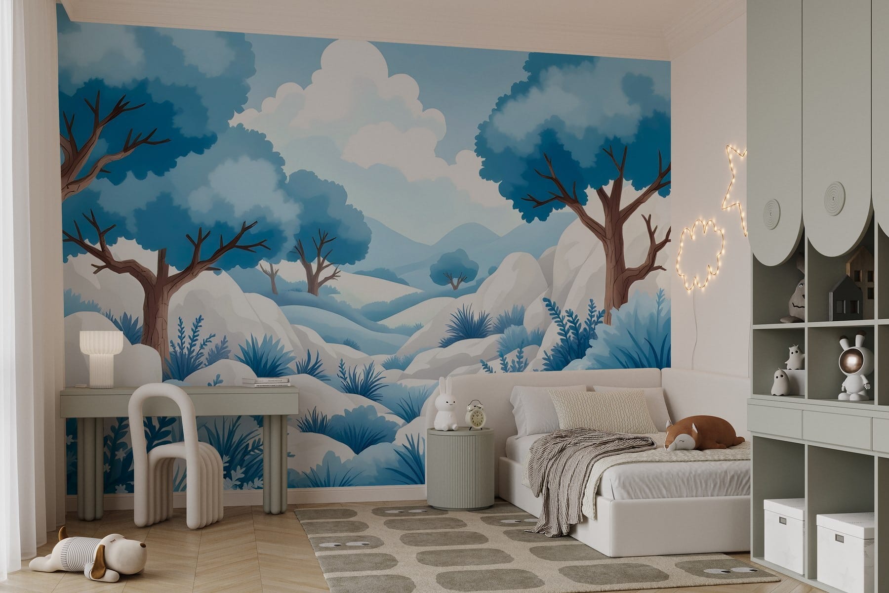 Snowy landscape with trees and bushes