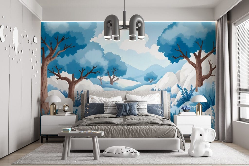 Snowy landscape with trees and bushes