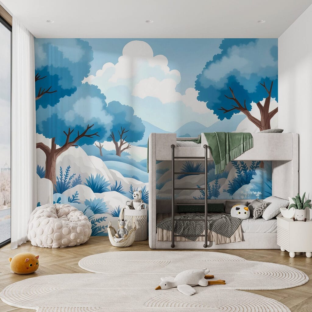 Snowy landscape with trees and bushes