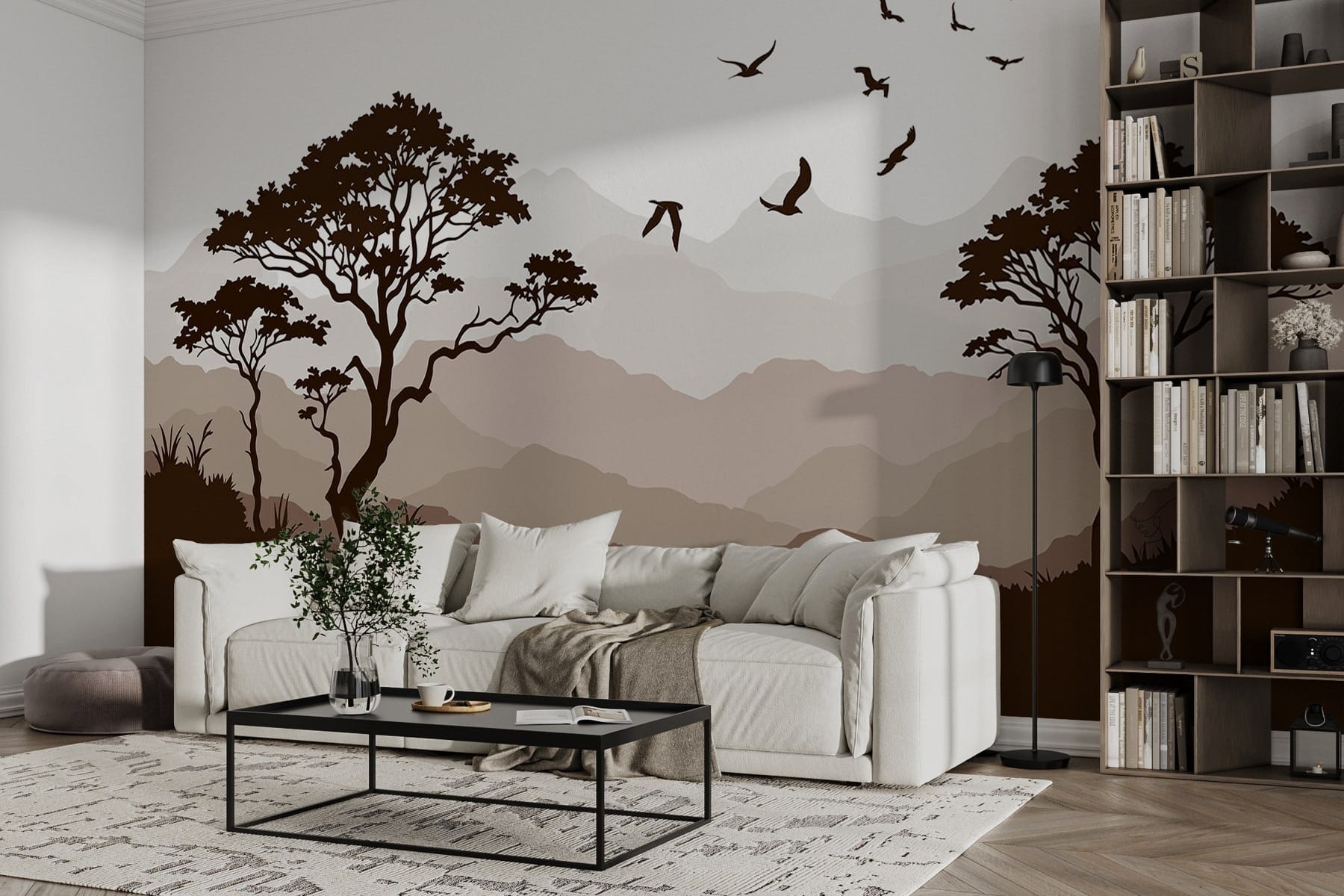 Birds flying over a mountain range