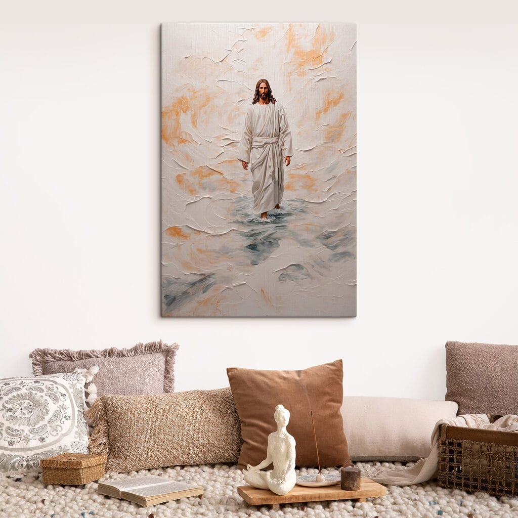 Painting of a man in a robe standing in water Painting of a man in a robe standing in water