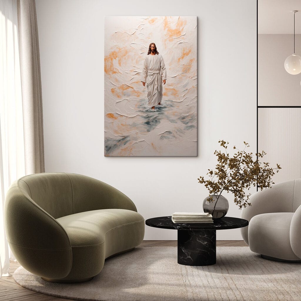 Painting of a man in a robe standing in water Painting of a man in a robe standing in water