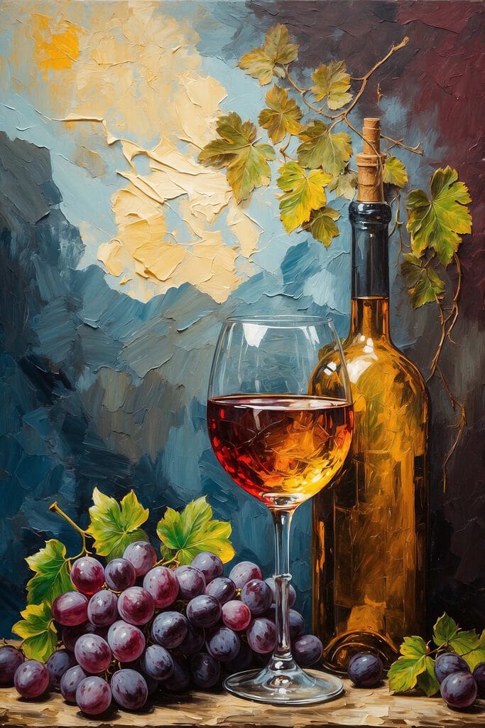 Painting of a wine bottle and a glass of wine Painting of a wine bottle and a glass of wine