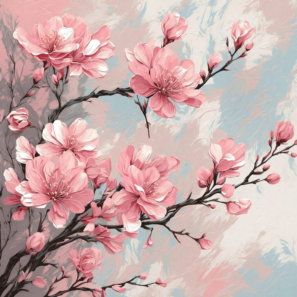 Painting of pink flowers on a branch Painting of pink flowers on a branch