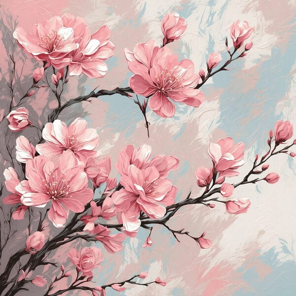 Painting of pink flowers on a branch Painting of pink flowers on a branch