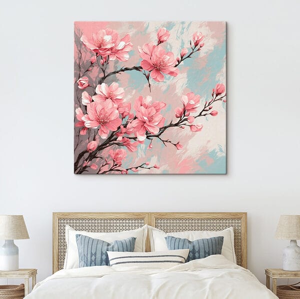 Painting of pink flowers on a branch Painting of pink flowers on a branch