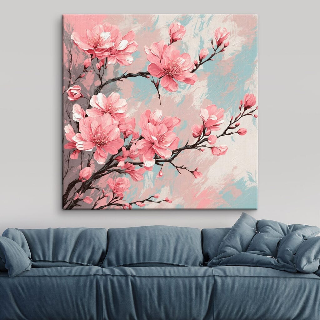 Painting of pink flowers on a branch Painting of pink flowers on a branch