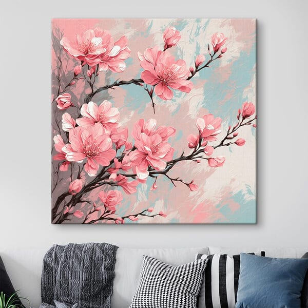 Painting of pink flowers on a branch Painting of pink flowers on a branch
