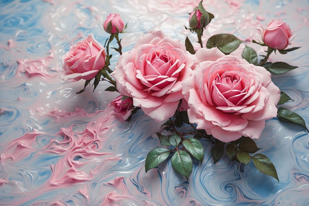 Group of pink roses on a blue and white surface