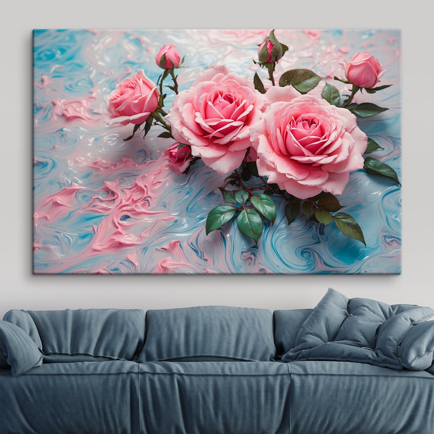 Group of pink roses on a blue and white surface