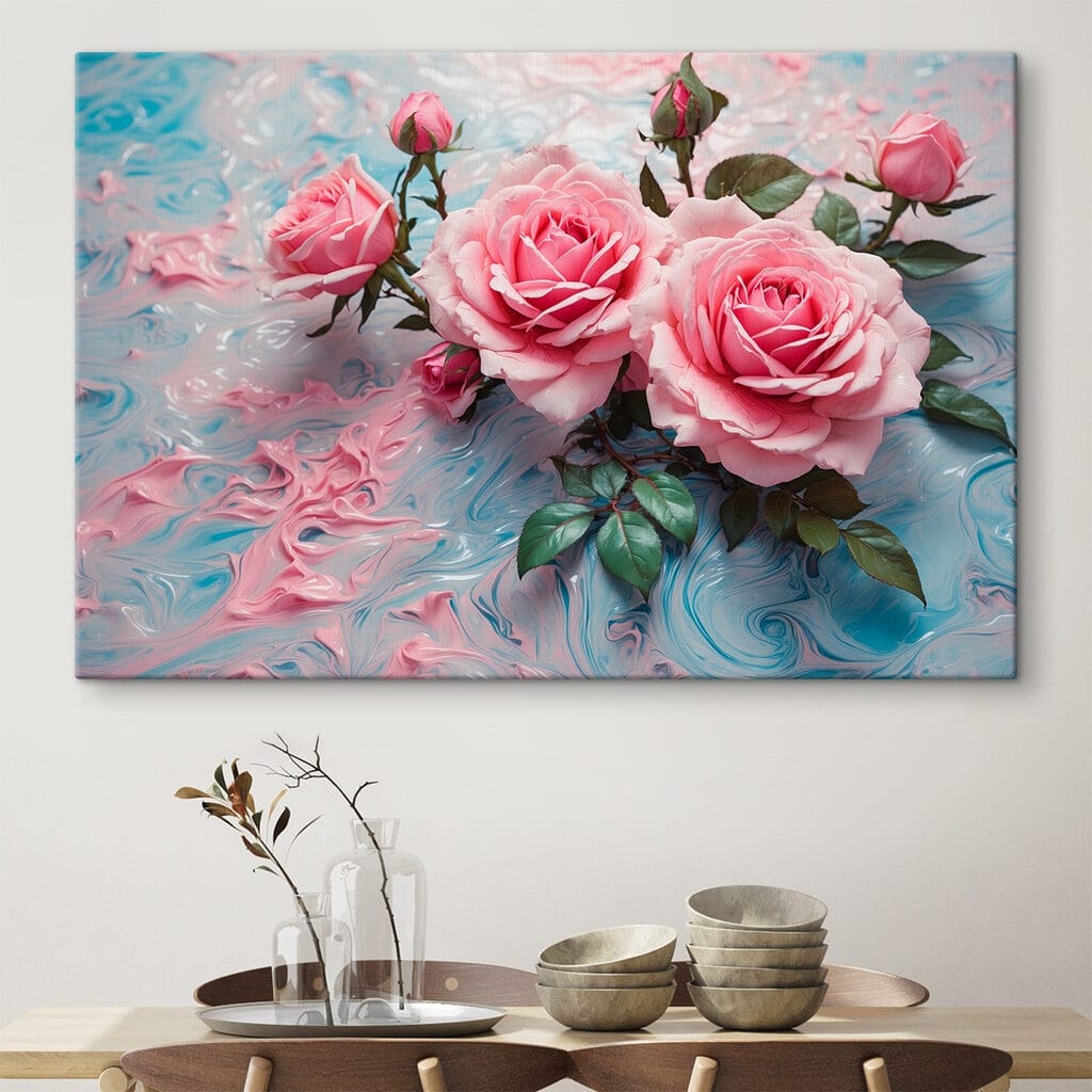 Group of pink roses on a blue and white surface