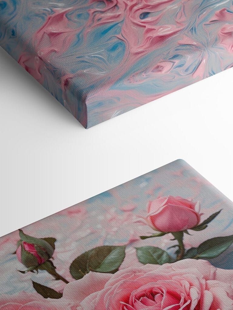 Group of pink roses on a blue and white surface