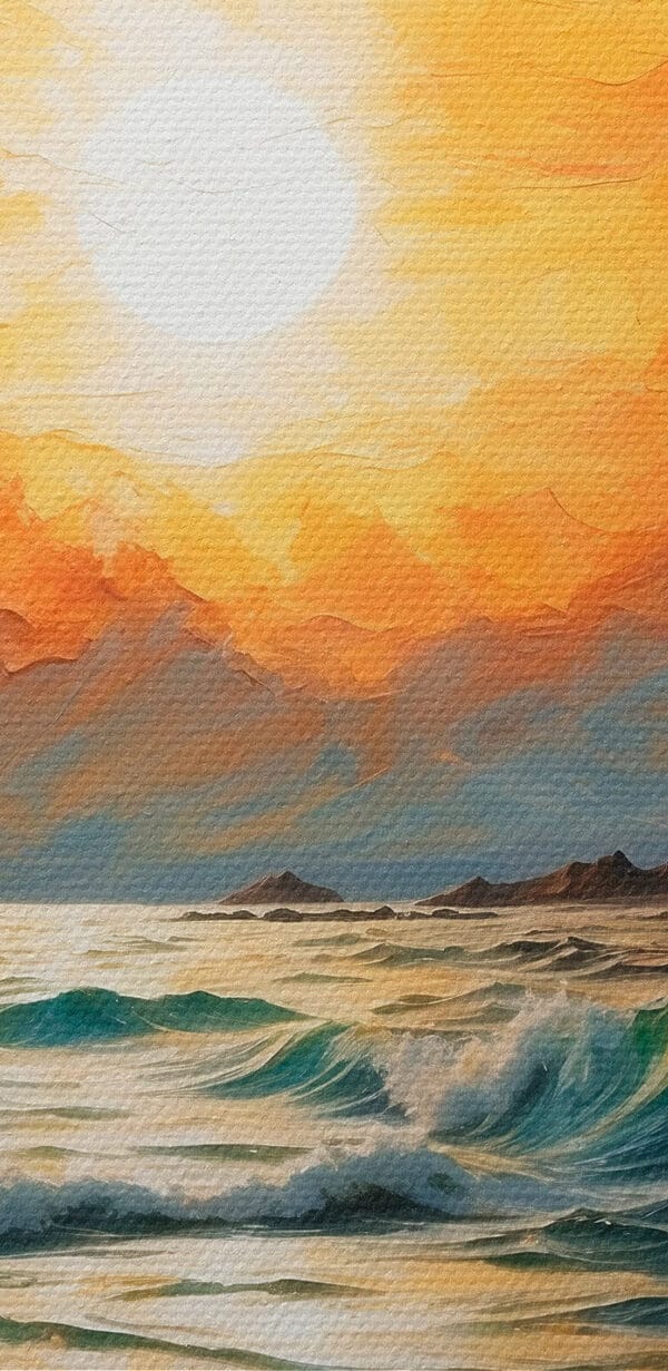 Painting of a sunset over a body of water Painting of a sunset over a body of water