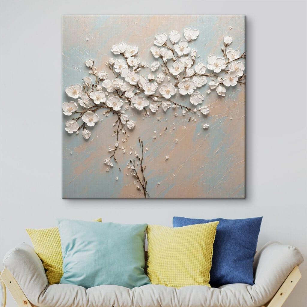 White flowers on a blue and white background White flowers on a blue and white background