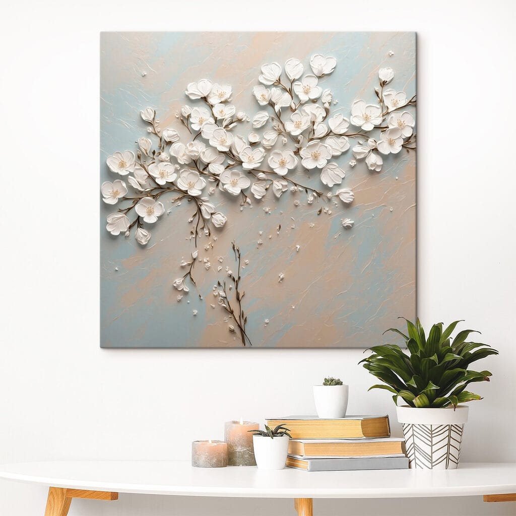 White flowers on a blue and white background White flowers on a blue and white background