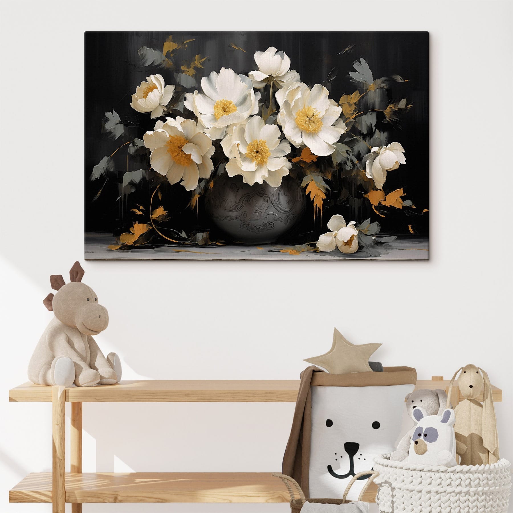 Painting of white flowers in a vase