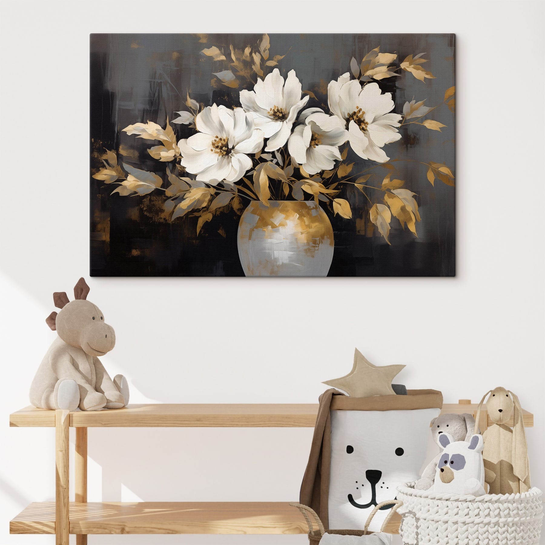 Painting of white flowers in a vase