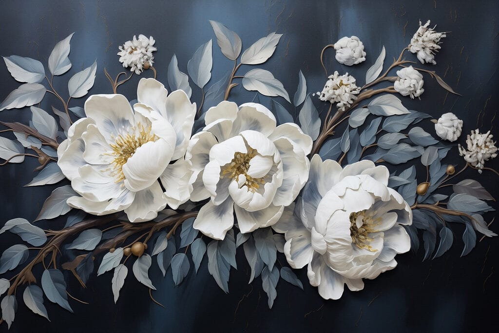 White flowers and leaves on a blue background