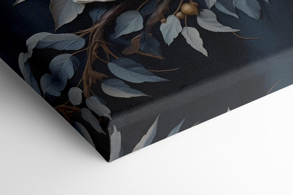 White flowers and leaves on a blue background