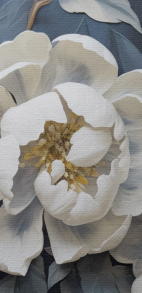 White flowers and leaves on a blue background