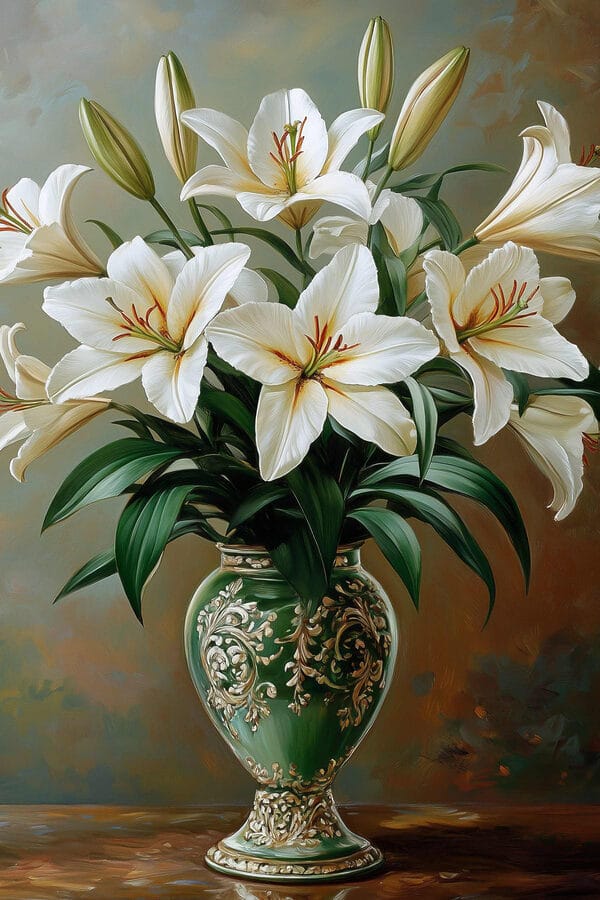 Painting of a vase of white flowers Painting of a vase of white flowers